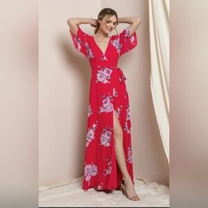 Scarlett Hot Pink Floral Wrap Maxi Dress Size L Boho Summer Wedding Guest